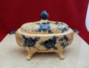Katherine's Collection Handpainted In Thailand Blue Flower Candy Dish with Lid
